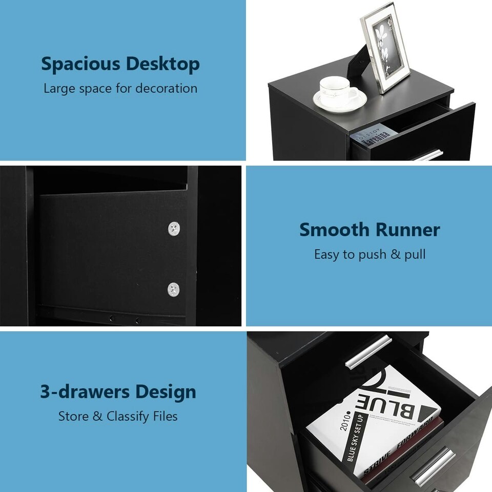 image 1 of COSTWAY 2Pcs NightStand 3-Drawer Chest Storage Dresser Black Black