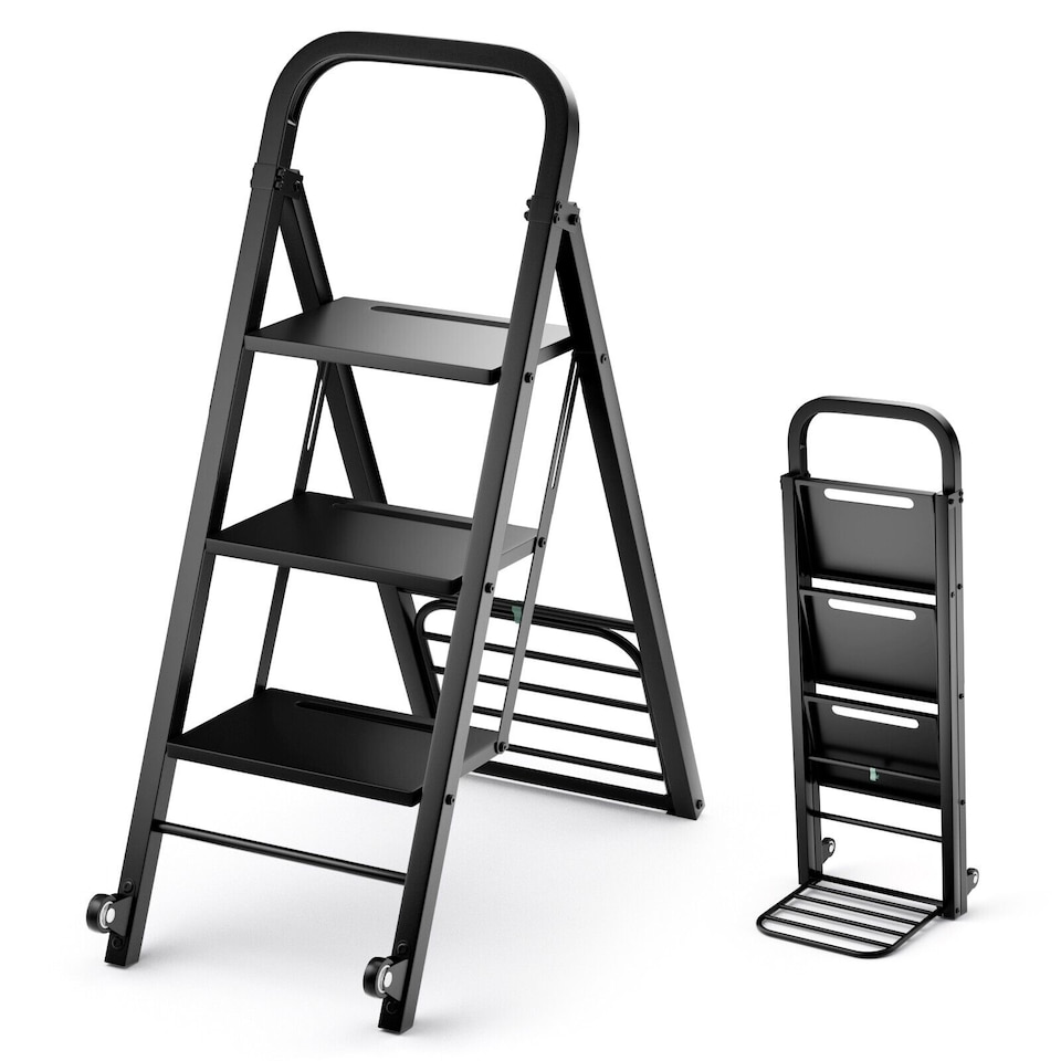 image 1 of COSTWAY 2-In-1 Hand Truck &Ladder Foldable 3-Step Ladder Heavy-duty Utility Cart