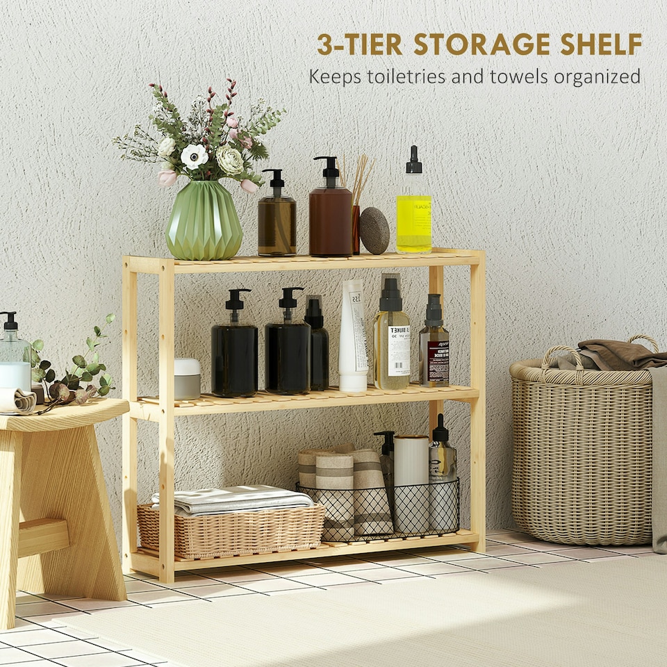 image 1 of HOMCOM 3-Tier Bamboo Adjustable Bathroom Storage Shelf, Natural