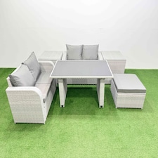 Fimous 6 Pieces Outdoor PE Rattan Sofa Set Patio Garden Furniture Sets with Cushions 2 Side Tables Big Stool Light Grey