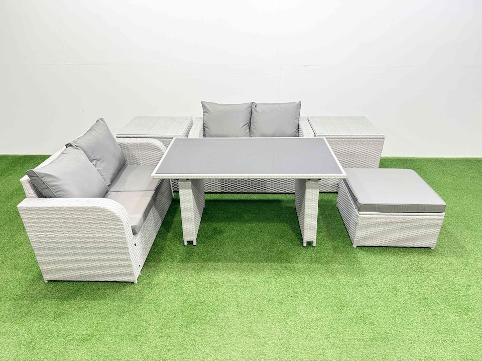image 1 of Fimous 6 Pieces Outdoor PE Rattan Sofa Set Patio Garden Furniture Sets with Cushions 2 Side Tables Big Stool Light Grey