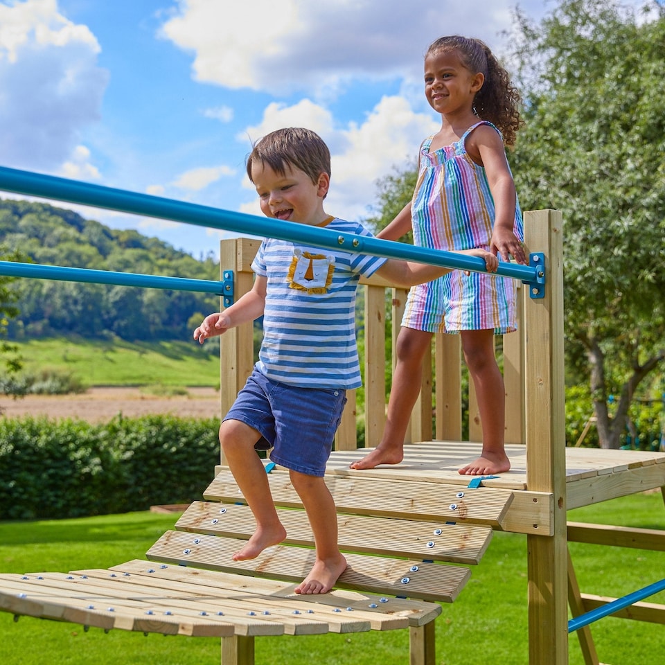 image 1 of TP Skywood Wooden Tower Climbing Frame with Ripple Slide, Sky Bridge, Mini Tower & Double Swing Arm - FSC® certified
