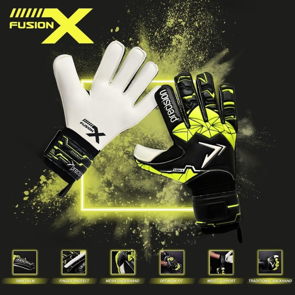 image 1 of Precision Training Fusion X Flat Cut Finger Protect Football Adult's Goalkeeper Gloves, Black, 9