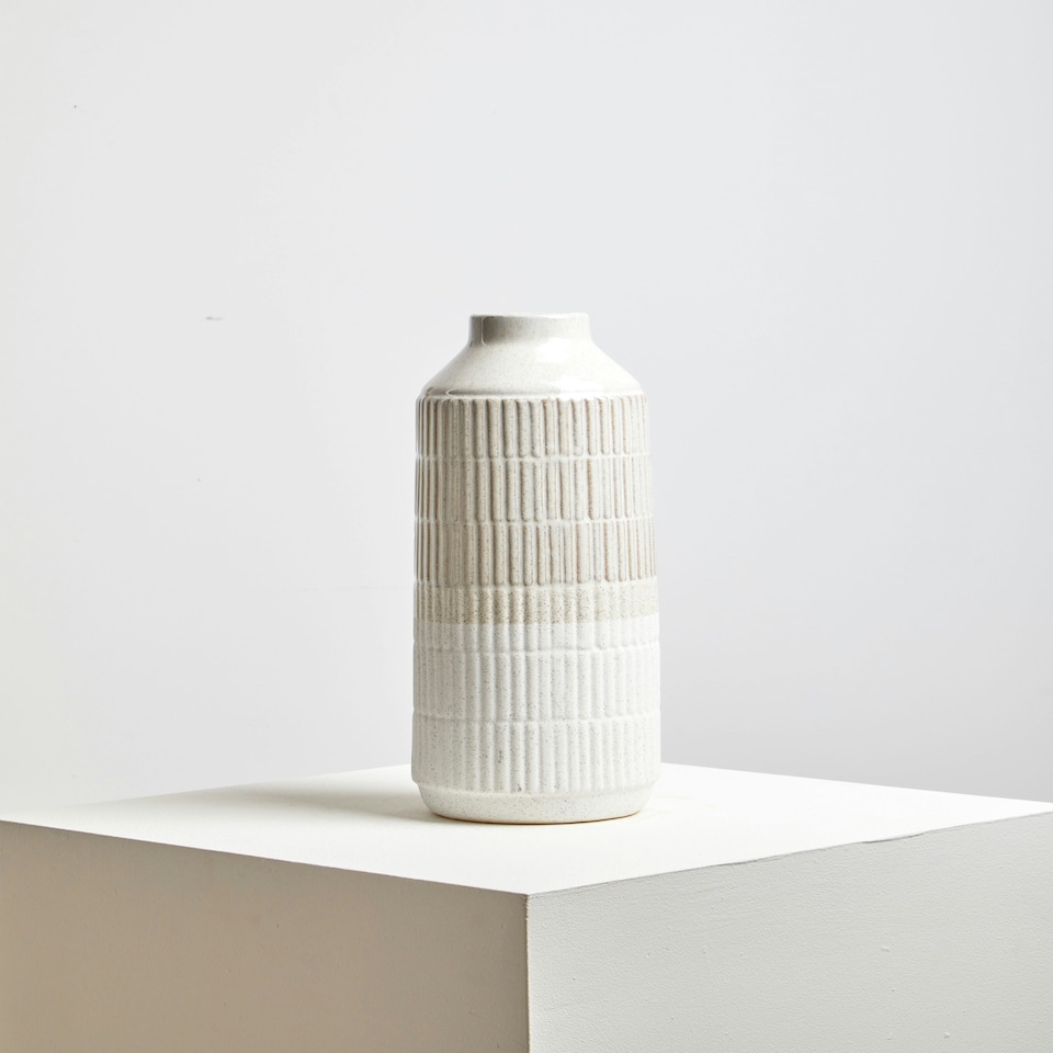image 1 of Interiors by Premier Modern Large Grey Textured Glass Vase, Ribbed Design Flower Vase for Contemporary Spaces, Modern Large Vase Grey