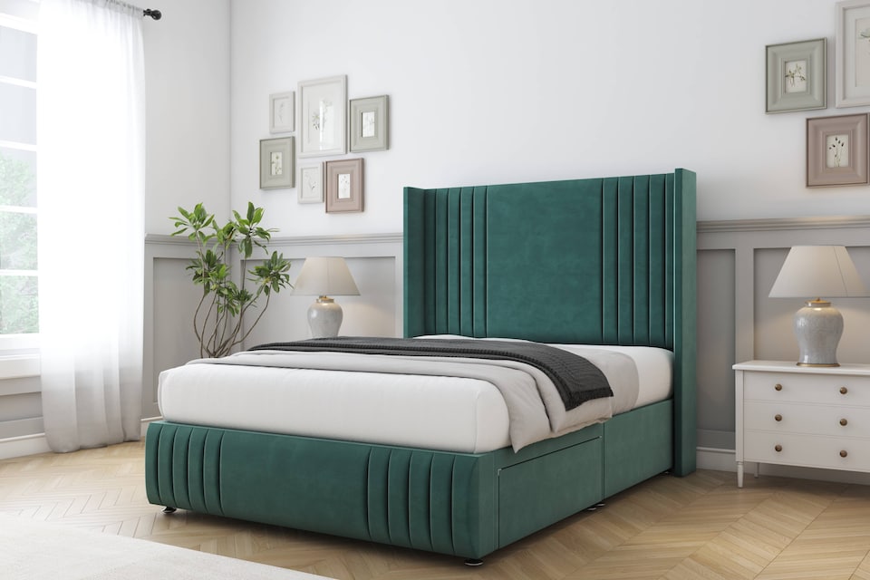 image 1 of Sloomy Camden Emerald Plush Divan Bed With Mattress 2 Drawers Footend With 54" Wingback Headboard & 12" Matching Footboard 4' Small Double | Green | Emerald | Small Double | 1