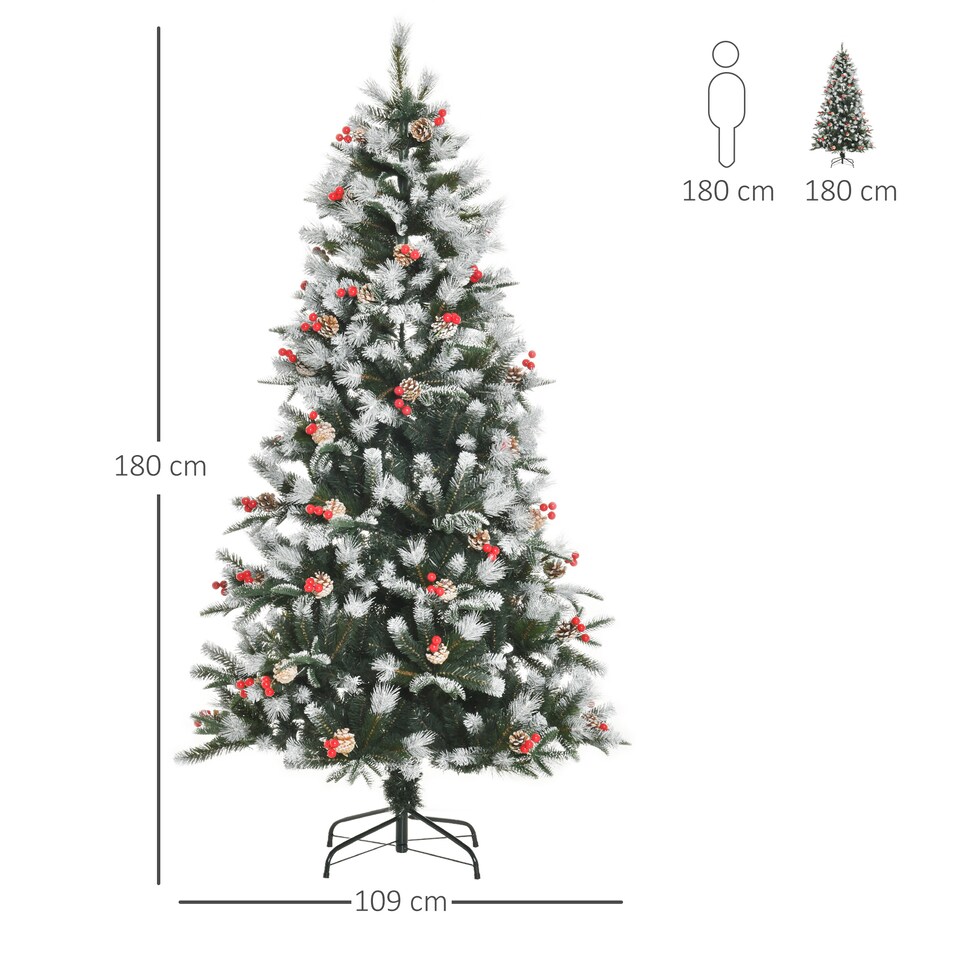 image 1 of HOMCOM 6FT Artificial Snow Dipped Christmas Tree mas Pencil Tree Holiday Home Party Decoration with Foldable Feet Red Berries White Pinecones, Green