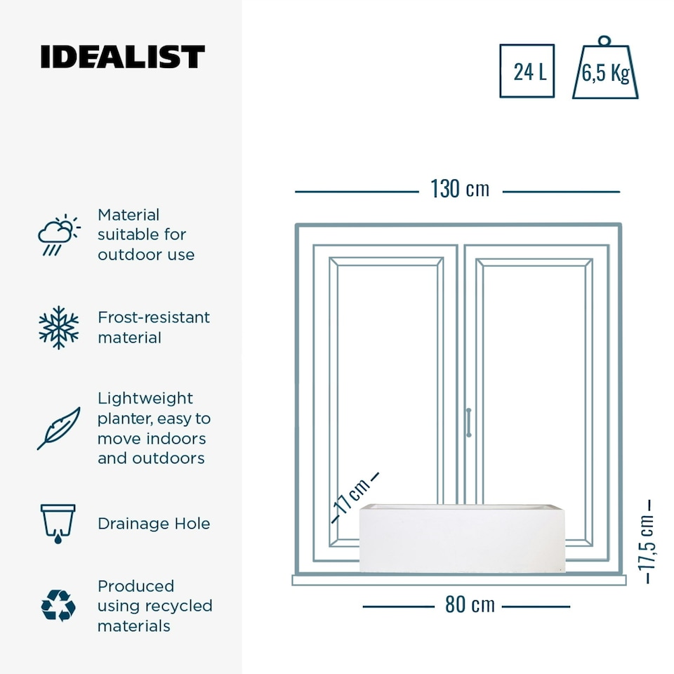 image 1 of Window Box Light Concrete White Garden Planter L80 W17 H17.5 cm, 24 ltrs Cap.