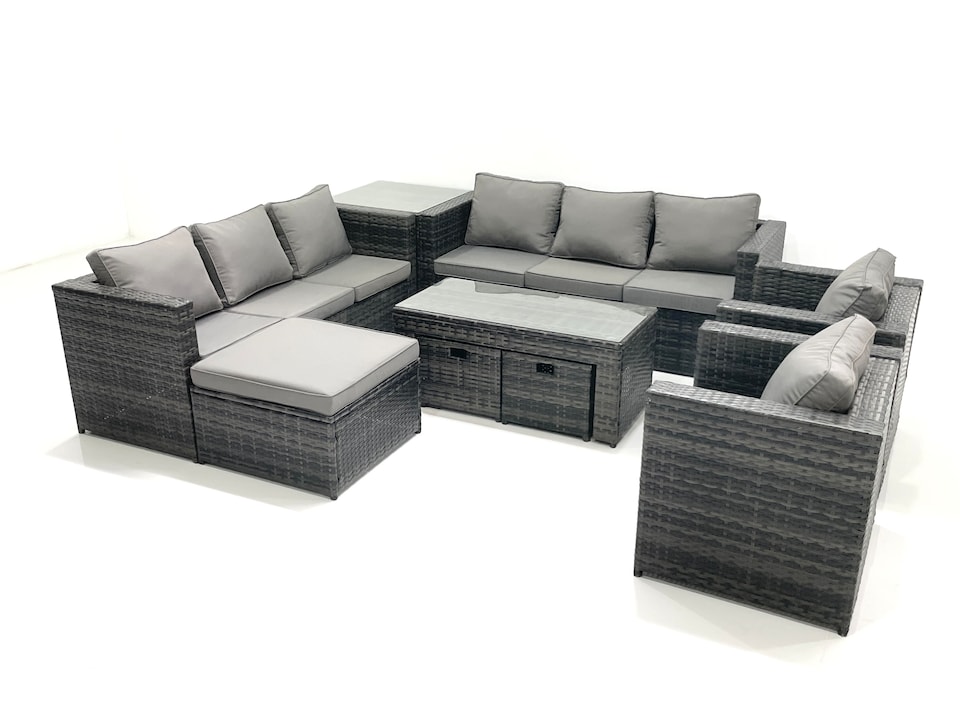 image 1 of Fimous Rattan Garden Furniture Sofa Set with Coffee table Armchair Side Table 3 Footstools Dark Grey Mixed