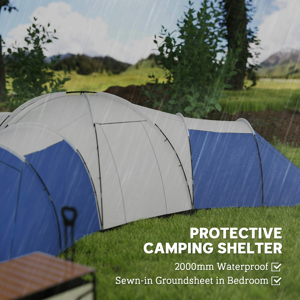 image 1 of Outsunny Large Tunnel Tent with 3 Bedroom, Living Area and Porch, Blue Blue | Blue