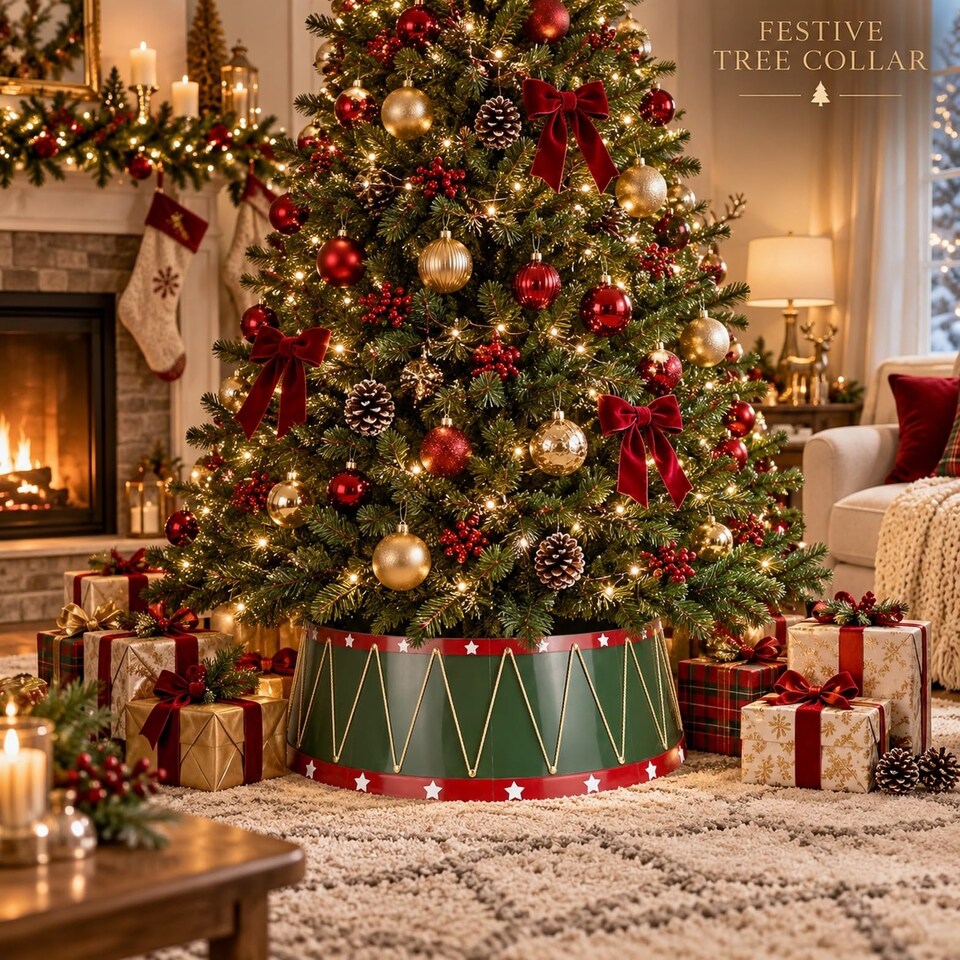 image 1 of 25.6 Inch Drum Style Christmas Tree Collar, Foldable Tree Base Cover with Mirror Finish