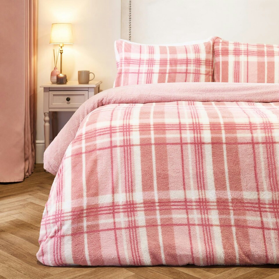 image 1 of OHS Ultra Soft Tartan Check Teddy Duvet Cover Set Blue | Navy | Super King