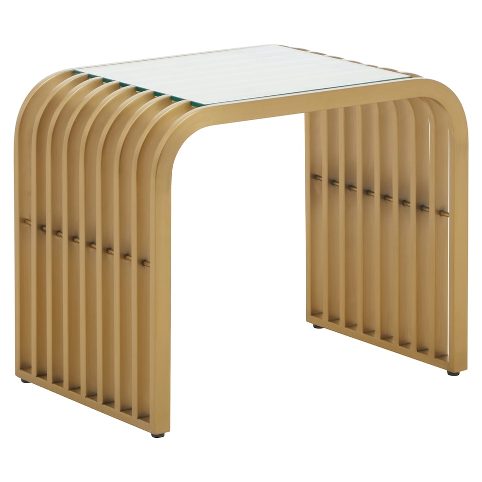 image 1 of Interiors by Premier Matte Gold Slatted End Table, Stylish End Table, Glass Top and Steel Construction Corner Table for Home Gold