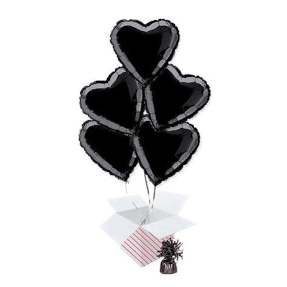 Black Heart Foil Helium Balloon Bouquet - 5 Inflated Balloons In A Box Black