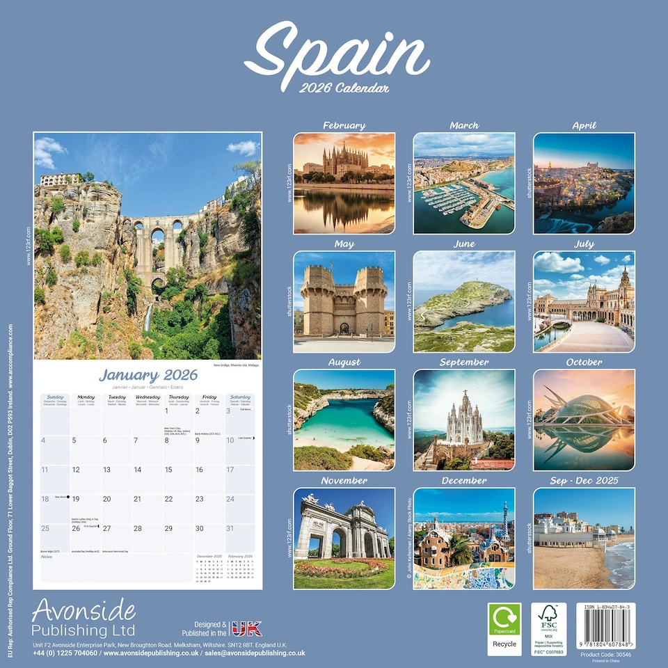 image 1 of Spain 2026 Calendar | Square Wall Calendar | Travel Gift | Plastic Free Packaging | by Avonside Publishing