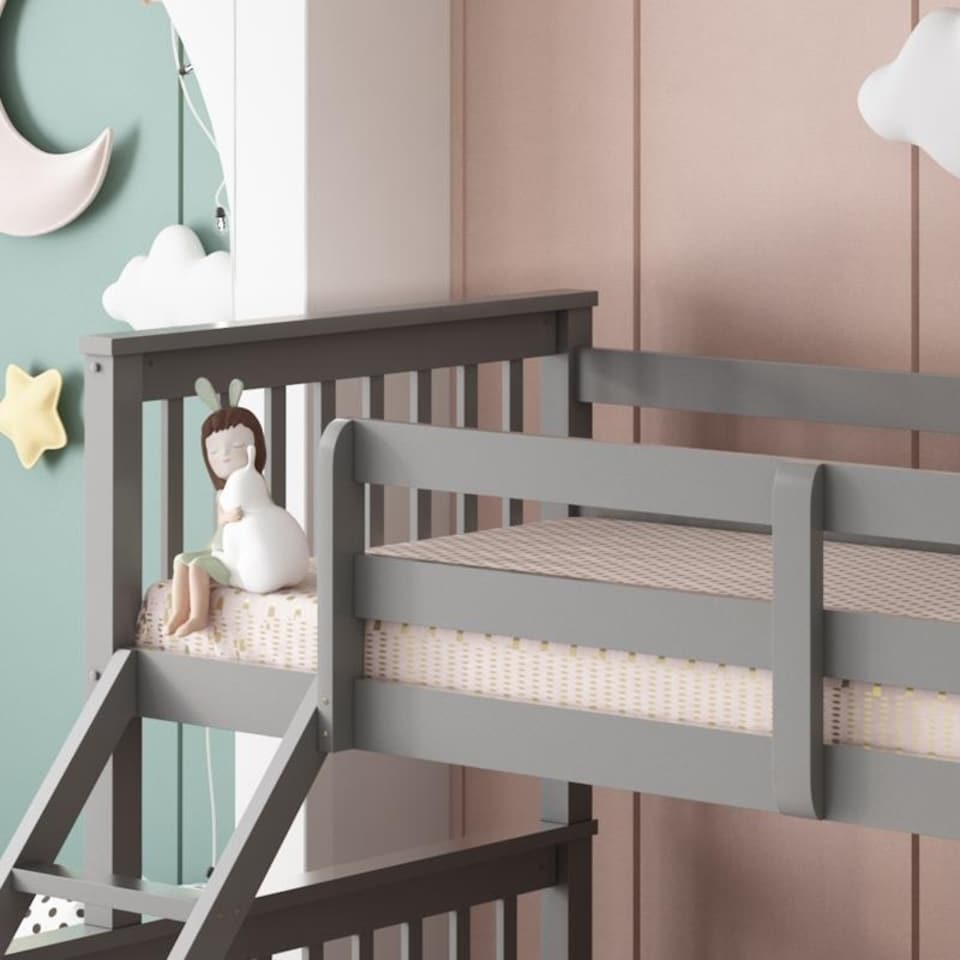 image 1 of Grey Bunkbed with 2 Mattresses 3ft Single & 4ft6 Double Trio Bunkbed, Wooden Children Bedroom Furniture