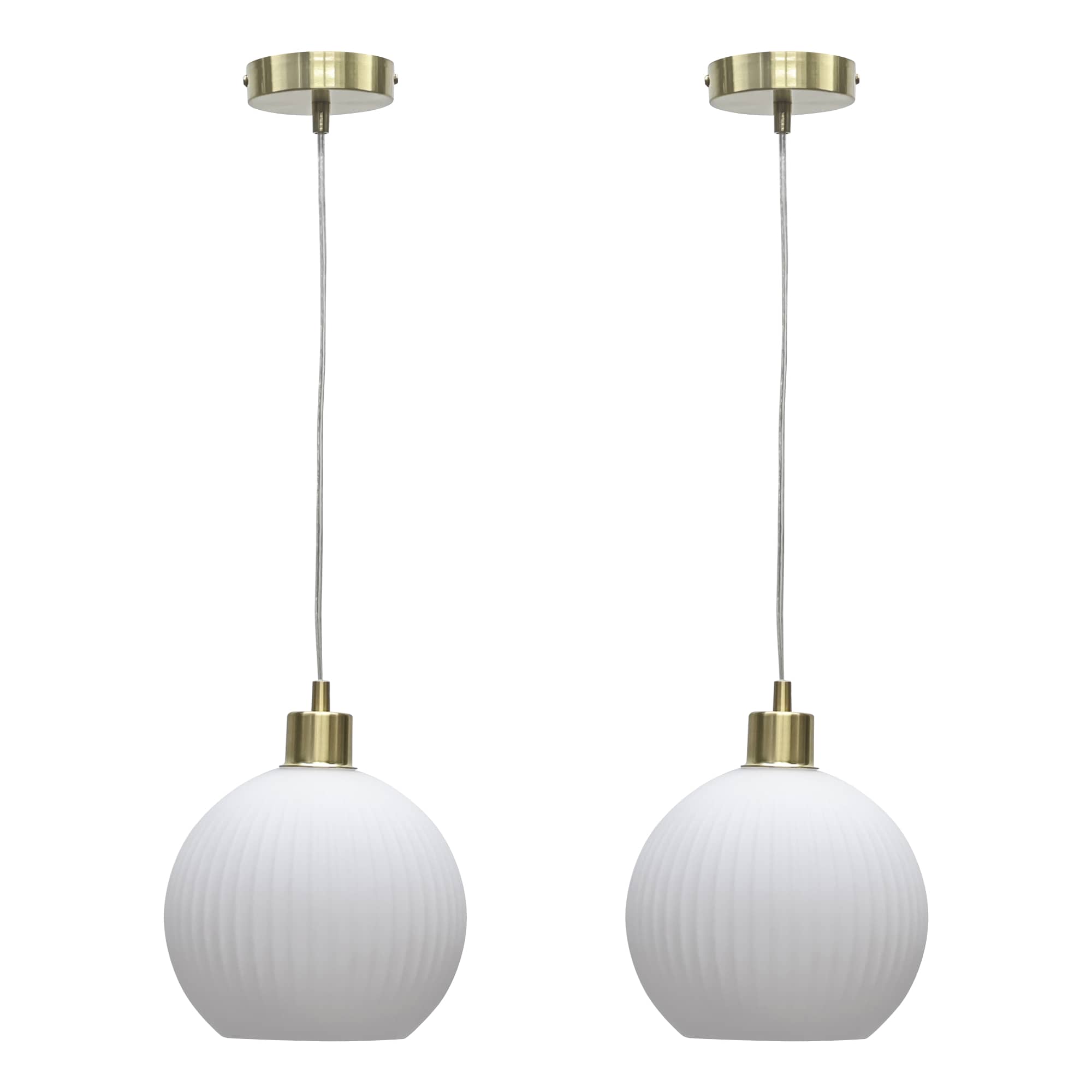 Set of 2 Betchley - White Ribbed Glass Globe with Satin Brass Pendants White White glass with satin brass plate detail Small 2