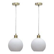 Set of 2 Betchley - White Ribbed Glass Globe with Satin Brass Pendants | White | White glass with satin brass plate detail | Small | 2