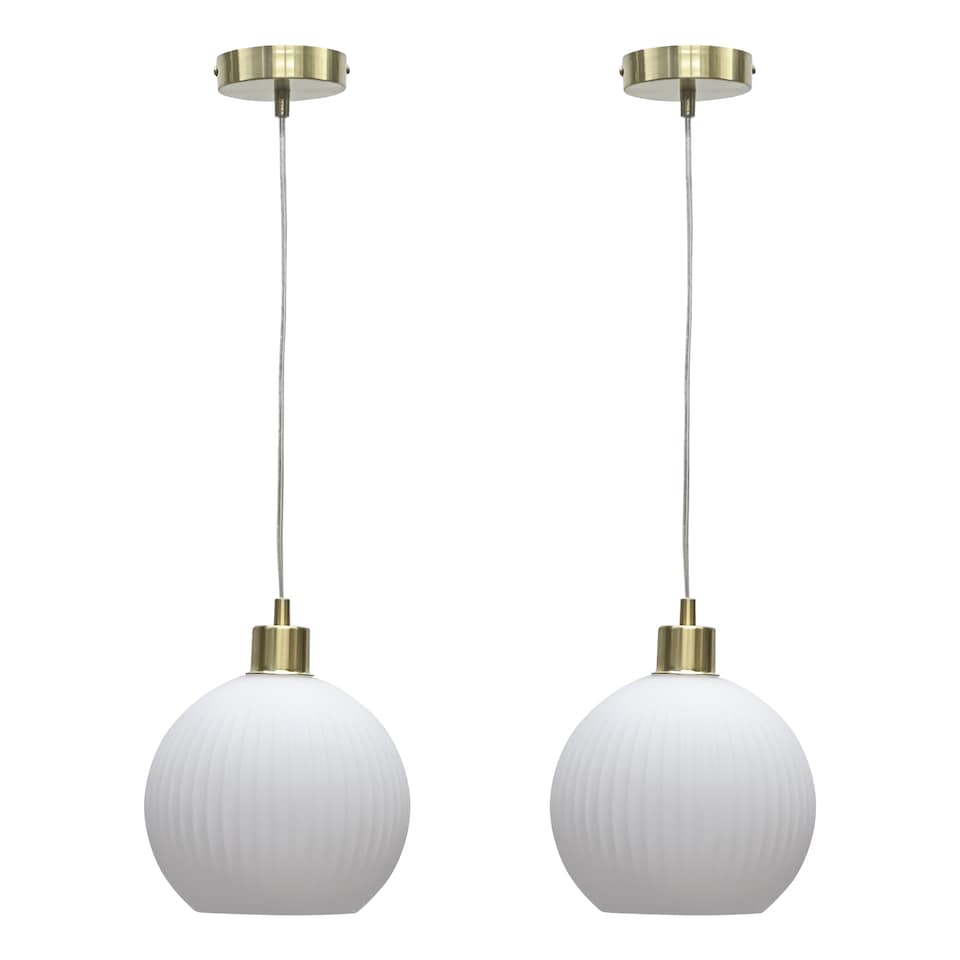 image 1 of Set of 2 Betchley - White Ribbed Glass Globe with Satin Brass Pendants | White | White glass with satin brass plate detail | Small | 2