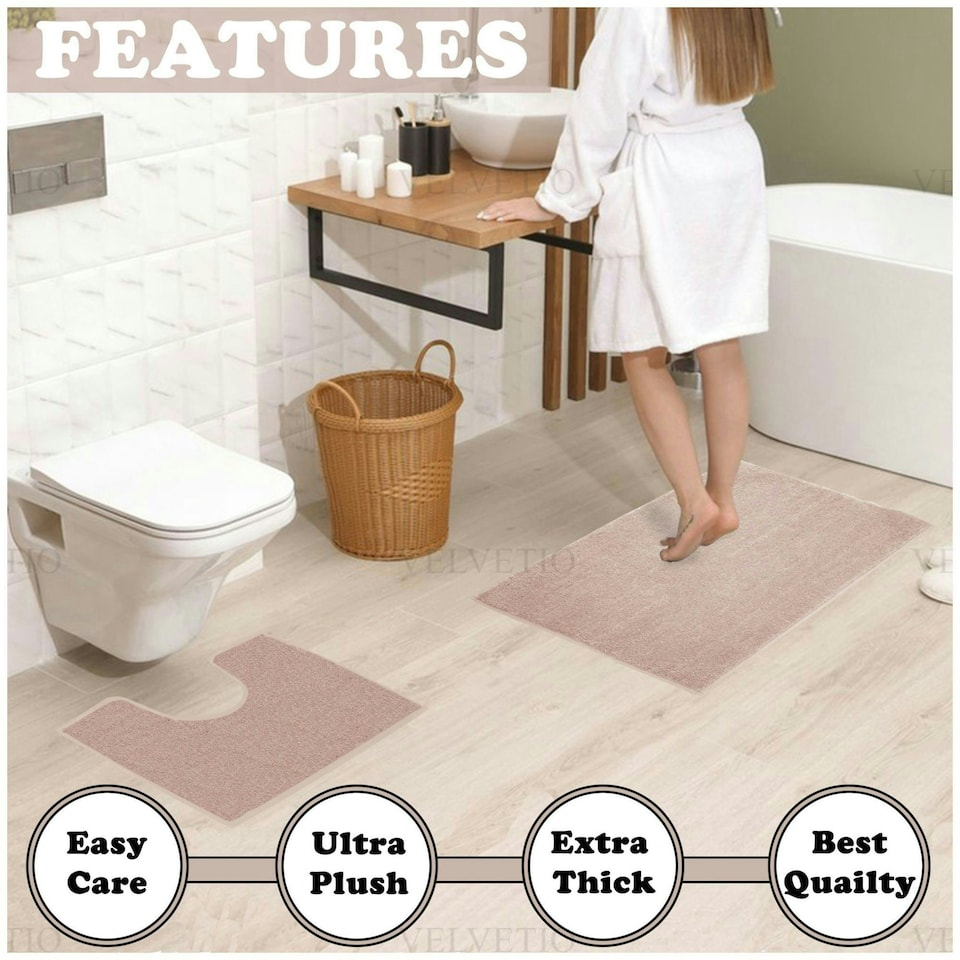 image 1 of VELVETIO Shiny Sparkling Bath Set Anti Slip Pedestal Mat Bathroom Rugs Pink