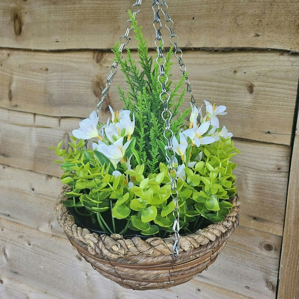 Best Artificial White Mini Daffodil Display in 10 inch Woven Decorative Hanging Basket