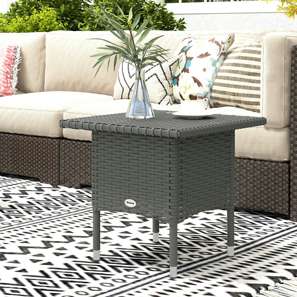 image 1 of Outsunny PE Rattan Outdoor Coffee Table, Easy Match Rattan Side Table, Grey Grey | Grey