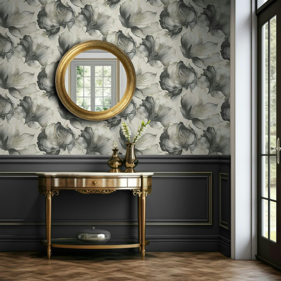 image 1 of Elysian Floral Black & Gold Wallpaper Black