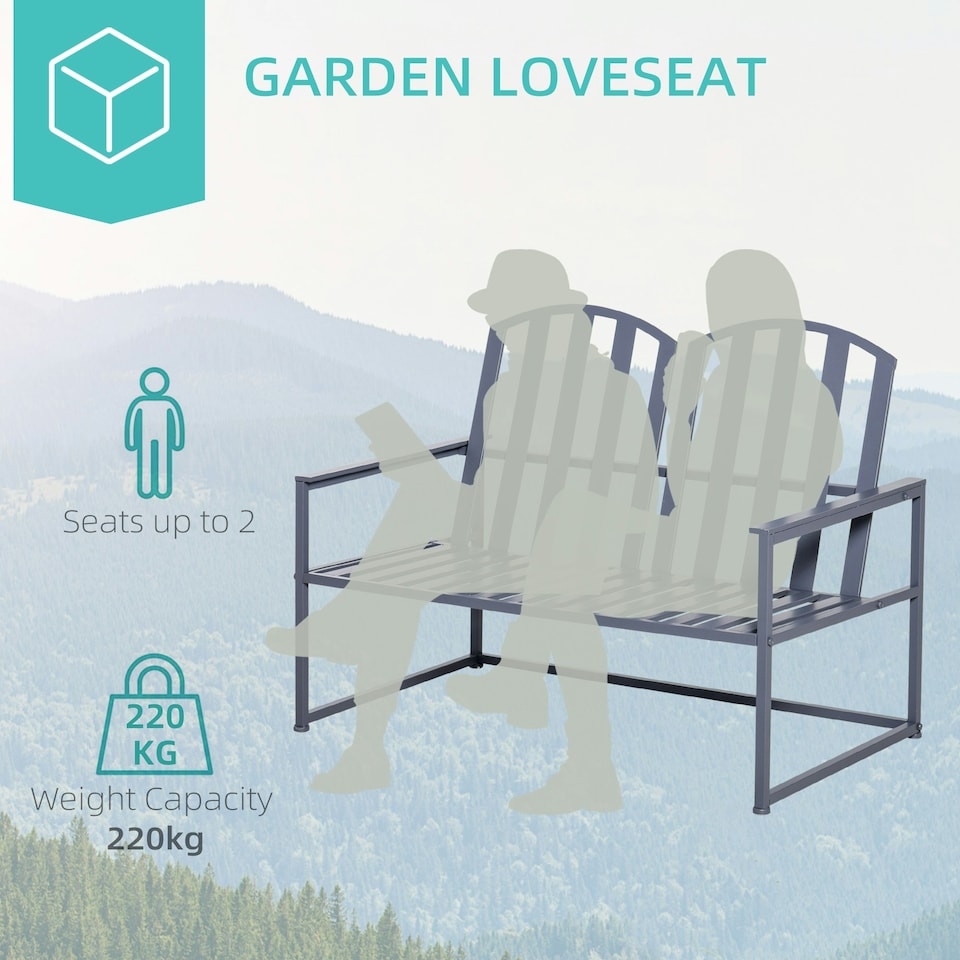 image 1 of Outsunny 2 Seat Steel Patio Garden Bench Chair Slat Design Backyard Porch, Grey
