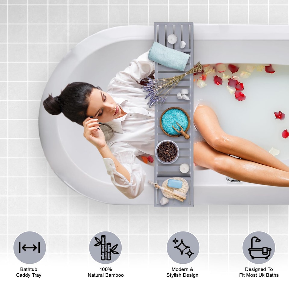 image 1 of Luxury Bamboo Bath Caddy Tray Wood Bathtub Storage Organizer Grey