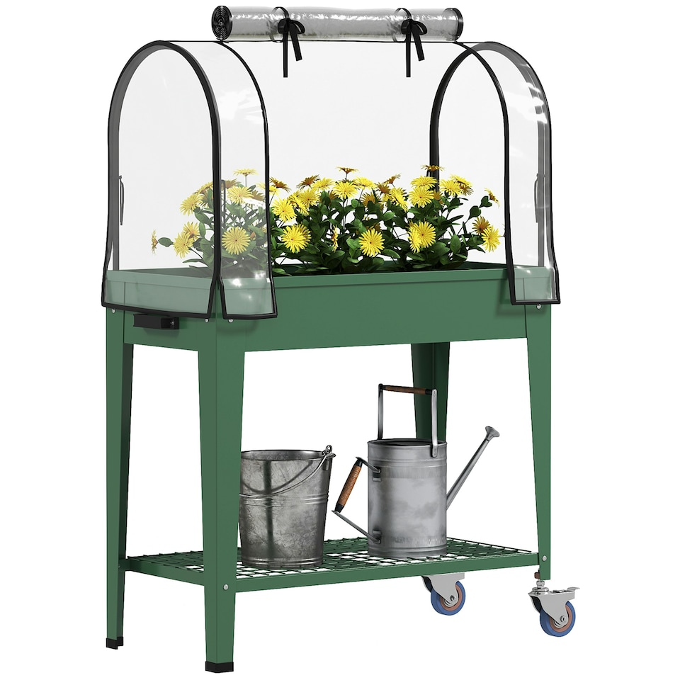 image 1 of Outsunny Mobile Raised Garden Bed with Greenhouse Cover, Green Green