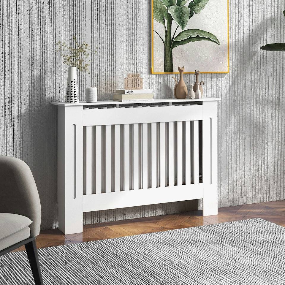 image 1 of HOMCOM Slatted Radiator Cover Painted Cabinet MDF Lined Grill in White (172L x 19W x 81H cm)