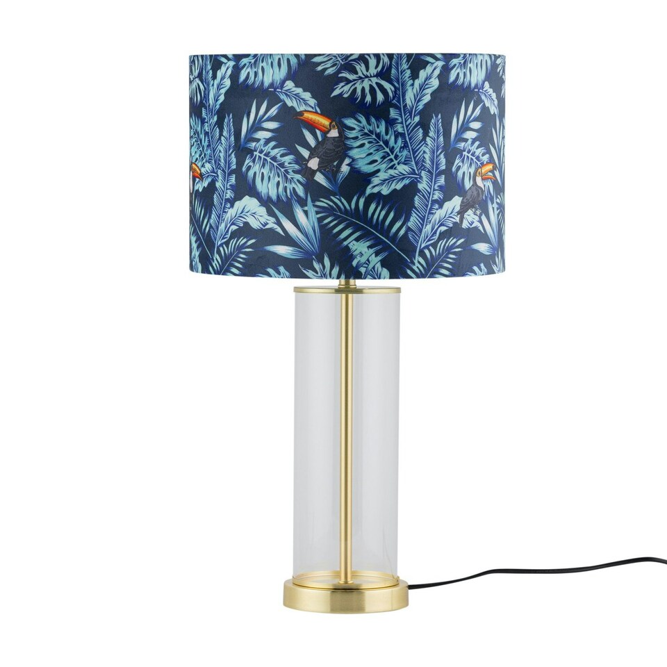 image 1 of Set of 2 Aura - Satin Brass Lamps with Toucan Velvet Shades Bronze | Multi