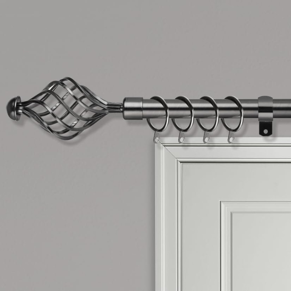 image 1 of Extendable Curtain Pole Spiral Curtain Rail Pole Set Includes Rings, Finials, Brackets & Fittings - BLACK NICKEL - 40cm to 325 cm (15" to 128")