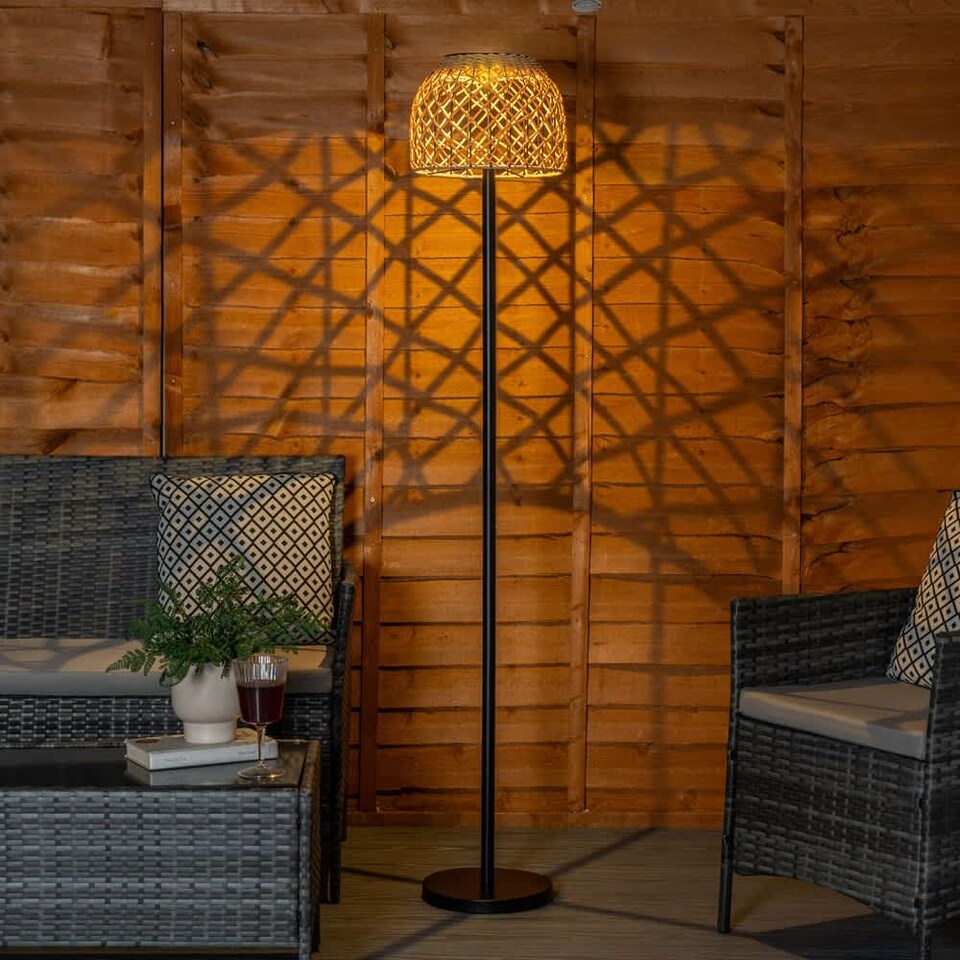 image 1 of ValueLights Solar Powered Outdoor Natural Rope Garden Light Floor Lamp with Rattan Shade | Cream