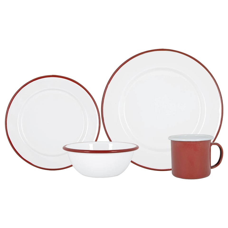 image 1 of Argon Tableware 16 Piece White Enamel Dinner Set - cm - Red