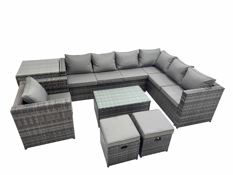image 1 of Fimous Patio Sofa Oblong Coffee Table Set Rattan Garden Furniture Set with Chair Side Table Dark Grey Mixed