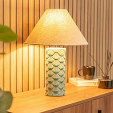 ValueLights Athena Ceramic Aqua Mermaid Shell Scallop Bedside Table Lamp with Tapered Lampshade - Bulb Included Blue