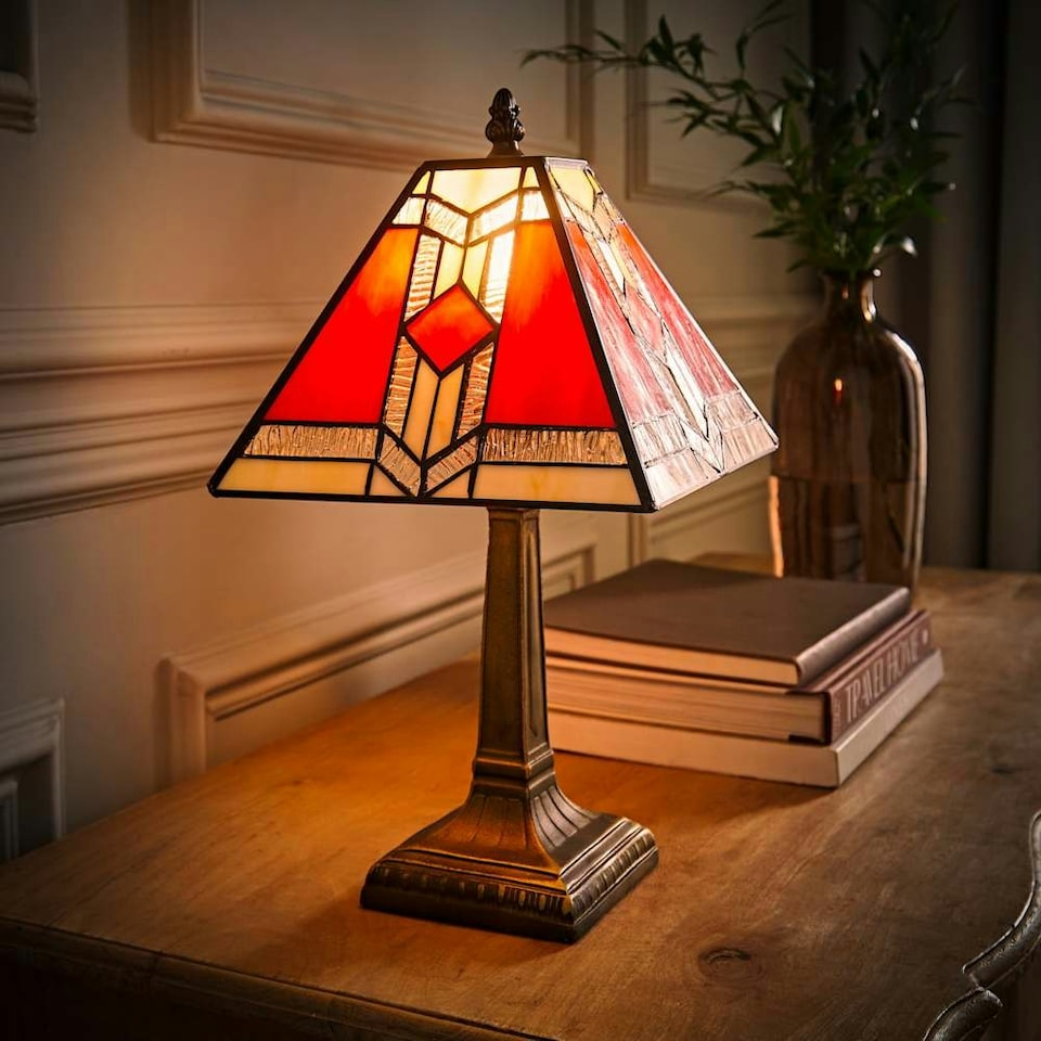 image 1 of ValueLights Tiffany Red Stained Glass Shade Brass Table Lamp Red