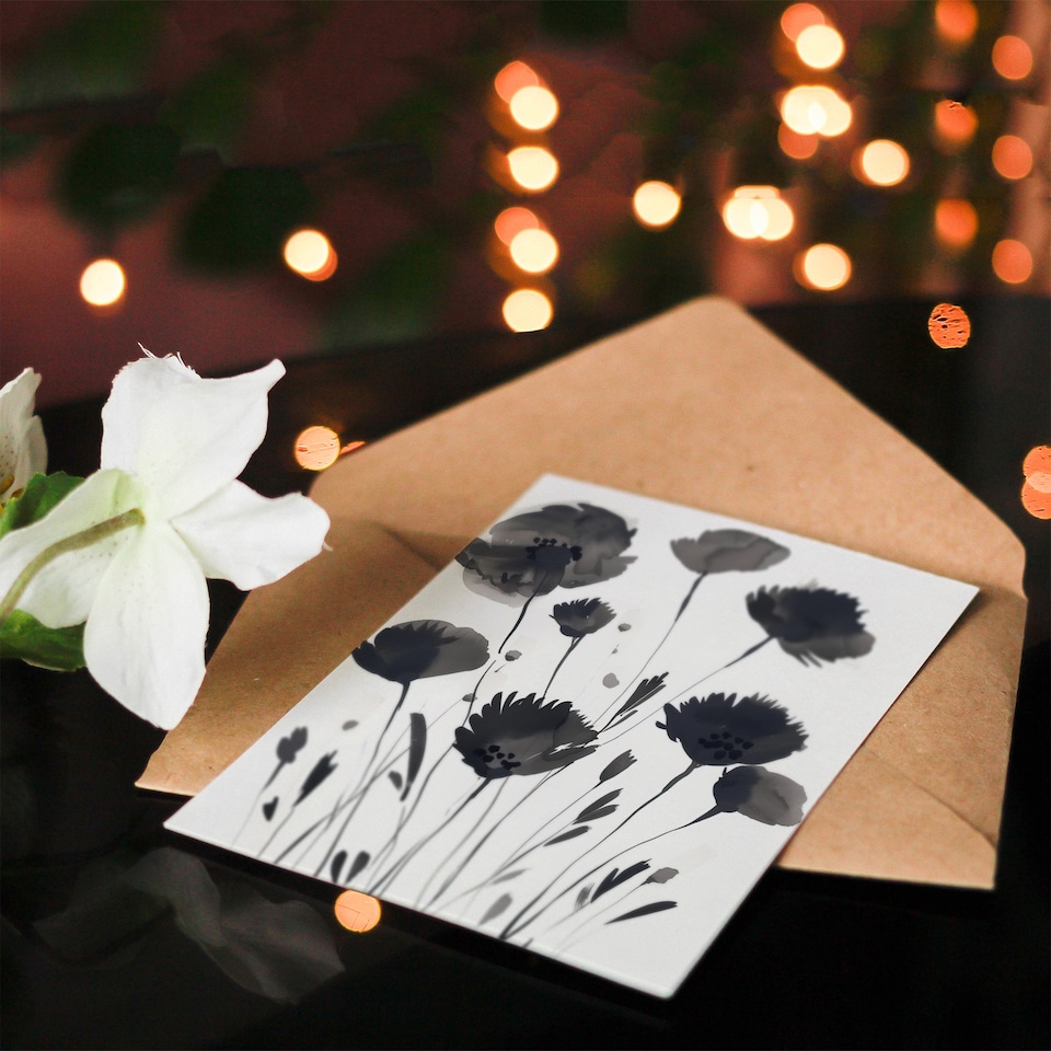 image 1 of Greeting Card Abstract Flowers Black White Floral Watercolour Sympathy