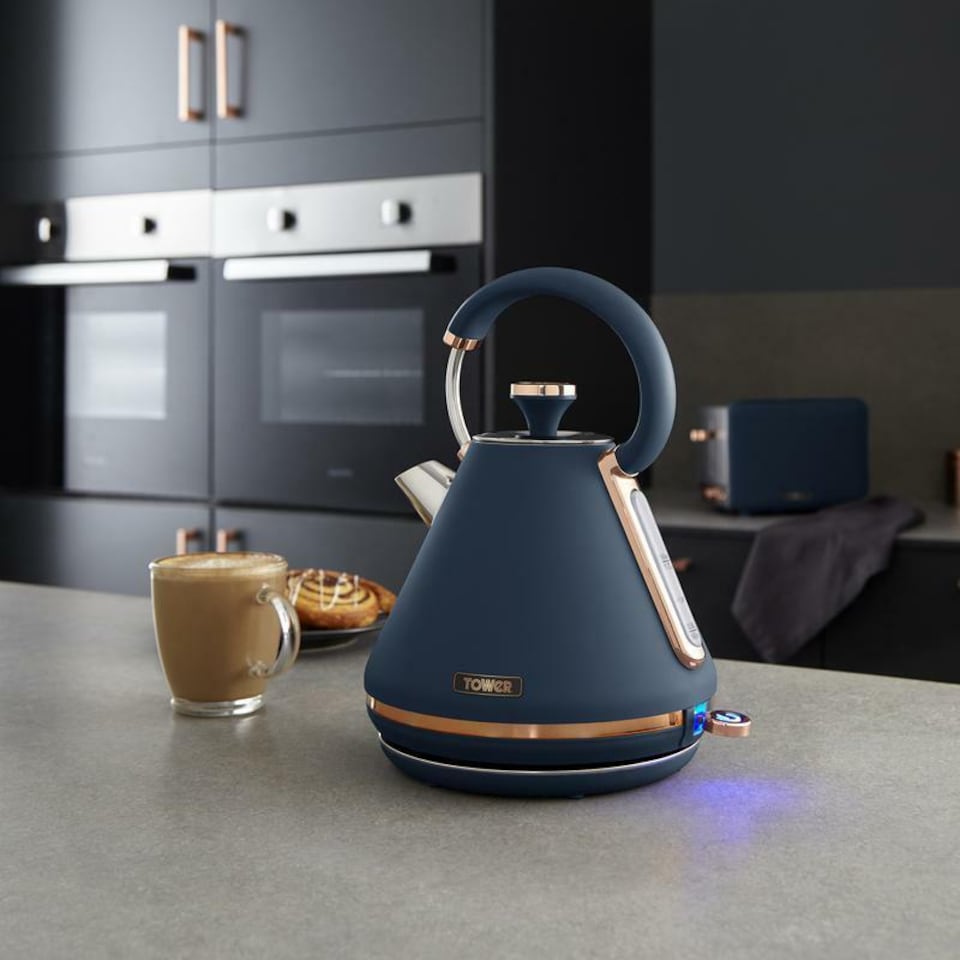 image 1 of Tower Cavaletto Pyramid Kettle & 2 Slice Toaster Set in Midnight Blue & Rose Gold
