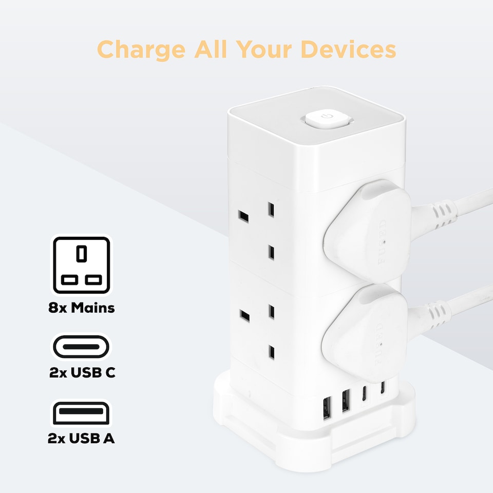 image 1 of TCP 8 AC Socket Tower Cube Extension Lead with 2 USB-A ports, and 2 USB-C ports