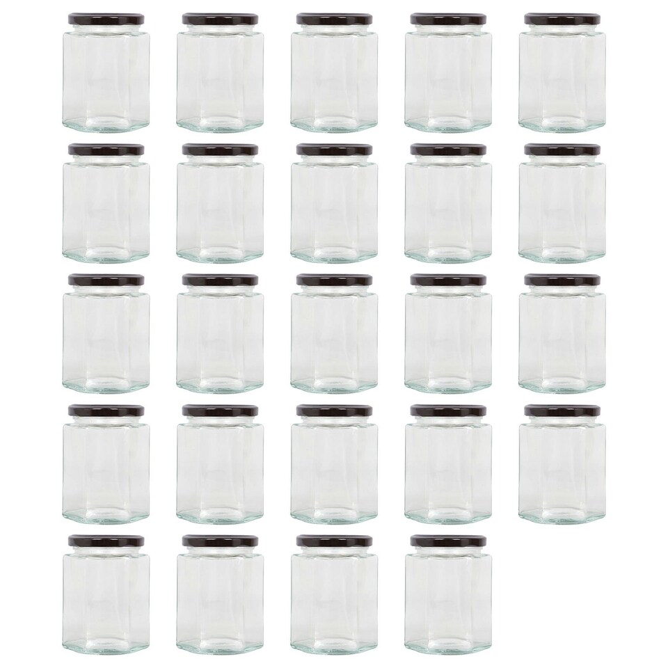 image 1 of Argon Tableware Hexagonal Glass Jam Jars with Black Lids - 250ml - Pack of 24