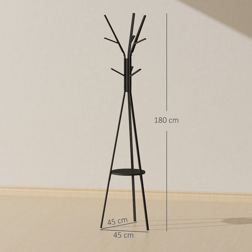 image 1 of HOMCOM Freestanding Metal Coat Rack Stand 9 Hooks Clothes Tree with 1 Shelf Hat Display Hall Tree Hanger Bag Umbrella Hanging Organiser Black