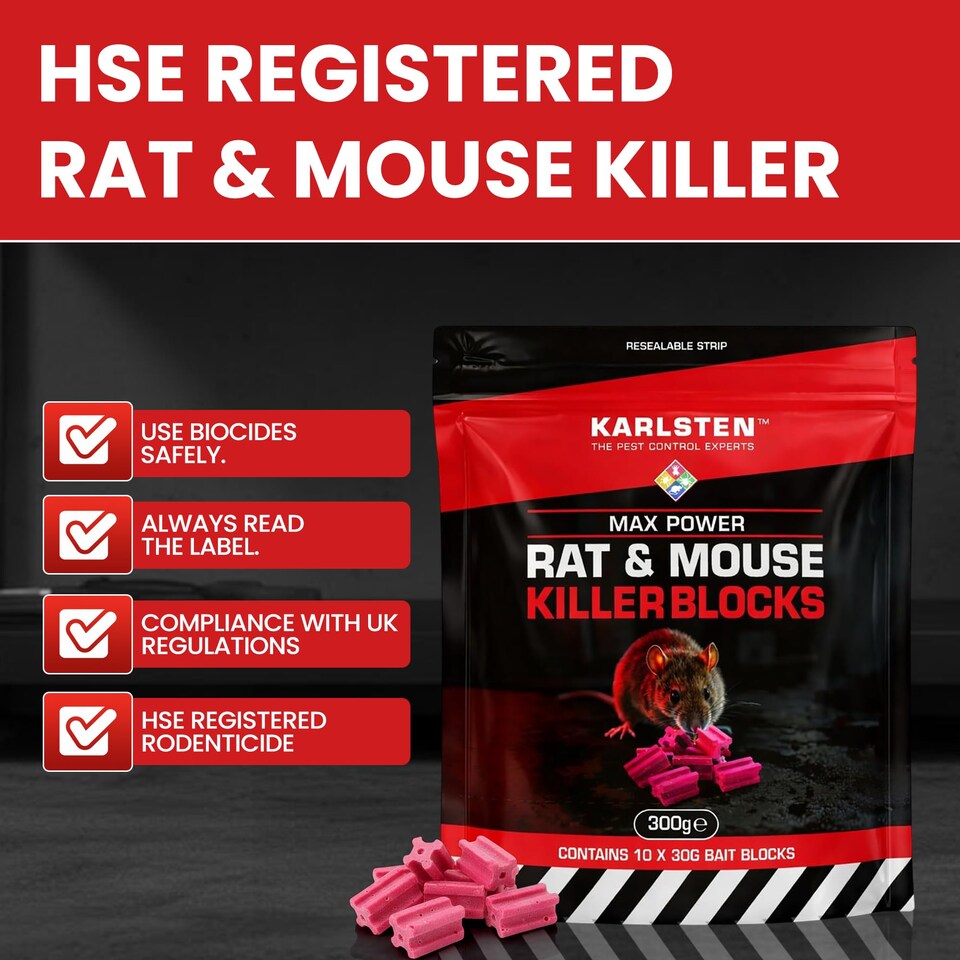 image 1 of Karlsten Rat & Mouse Killer Blocks 300g - All-Weather Wax Bait with Difenacoum for Rodent Control