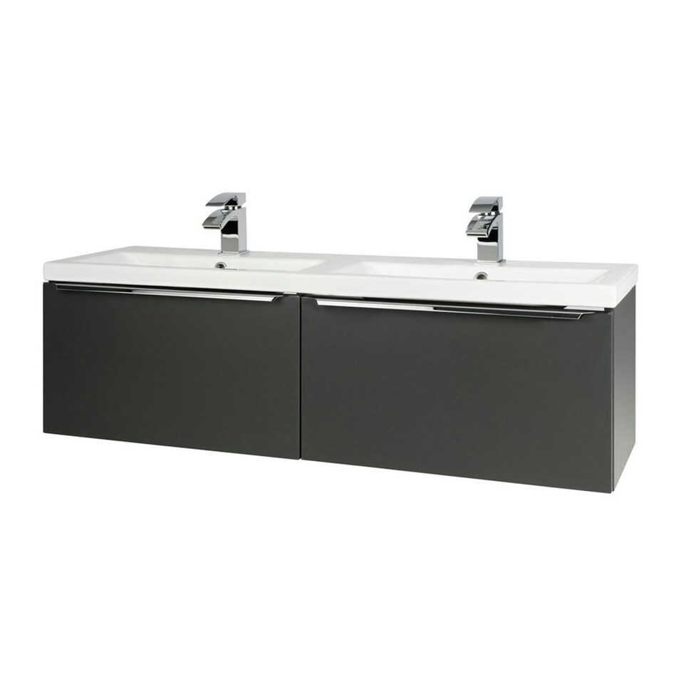 image 1 of 1200mm Bathroom Wall Mounted Drawer Unit and Twin Ceramic Basin - Matt Dark Grey (Central) - Brassware Not Included | Grey | Grey | 1