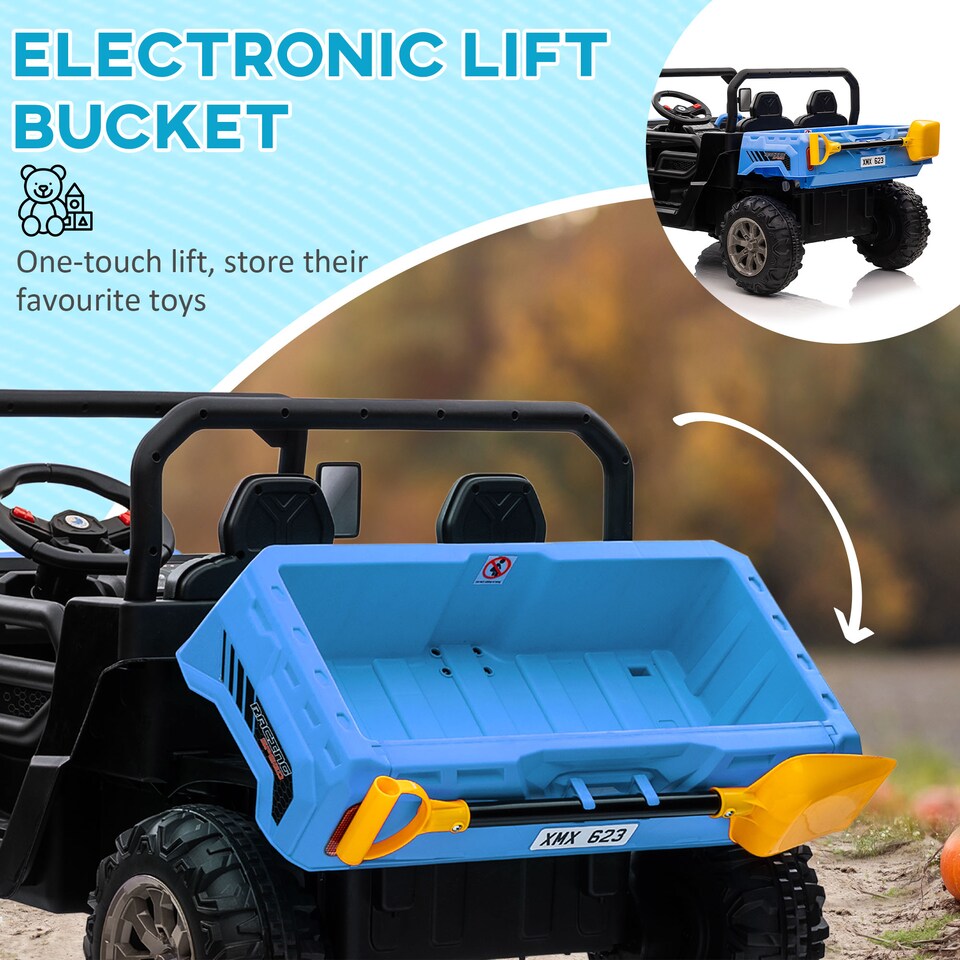 image 1 of HOMCOM Kids Ride on Car, Electric Car for Kids with Electric Bucket, 12V 2 Seater UTV with Shovel, Parental Remote, 4 Spring Suspension Wheels, Working Horn, Music - Blue