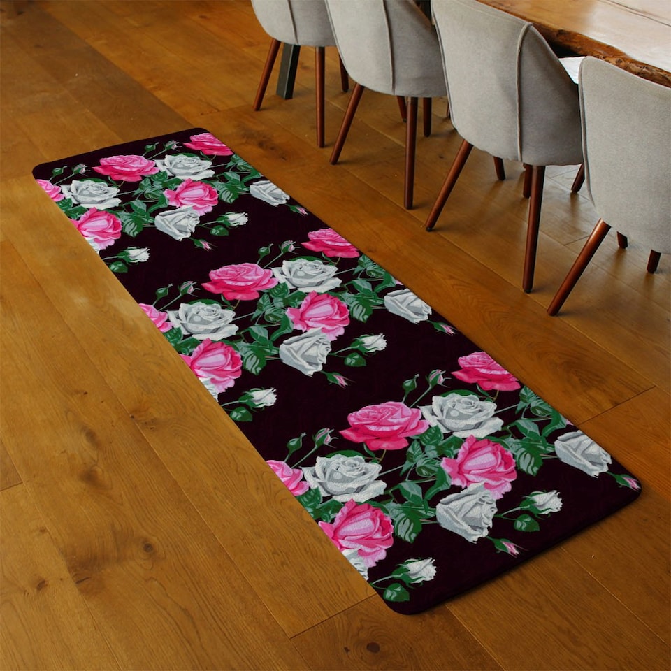 image 1 of Pattern of Pink and White Flowers (Runner Rug) Black