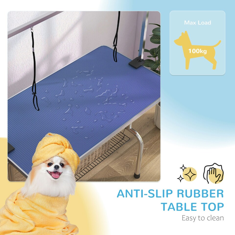 image 1 of PawHut Metal Adjustable Dog Grooming Table Rubber Top 2 Safety Slings Mesh
