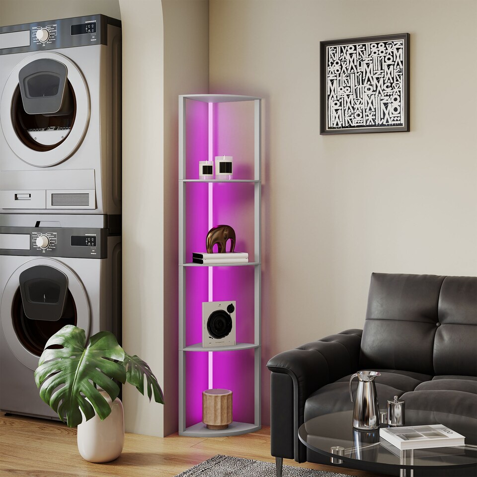 image 1 of HOMCOM RGB LED Floor Lamp with Shelves, 5-Tier Dimmable Standing Lamp with Adjustable Brightness and Remote Control, Modern Corner Display Shelf Unit for Living Room Bedroom Office, Grey | Grey