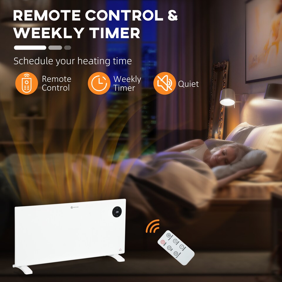 image 1 of HOMCOM 2000W Electric Panel Heater, Freestanding or Wall Mounted, Convector Heater with LED Display, Open Window Detection, Timer, Overheat Protection, Remote Control, White