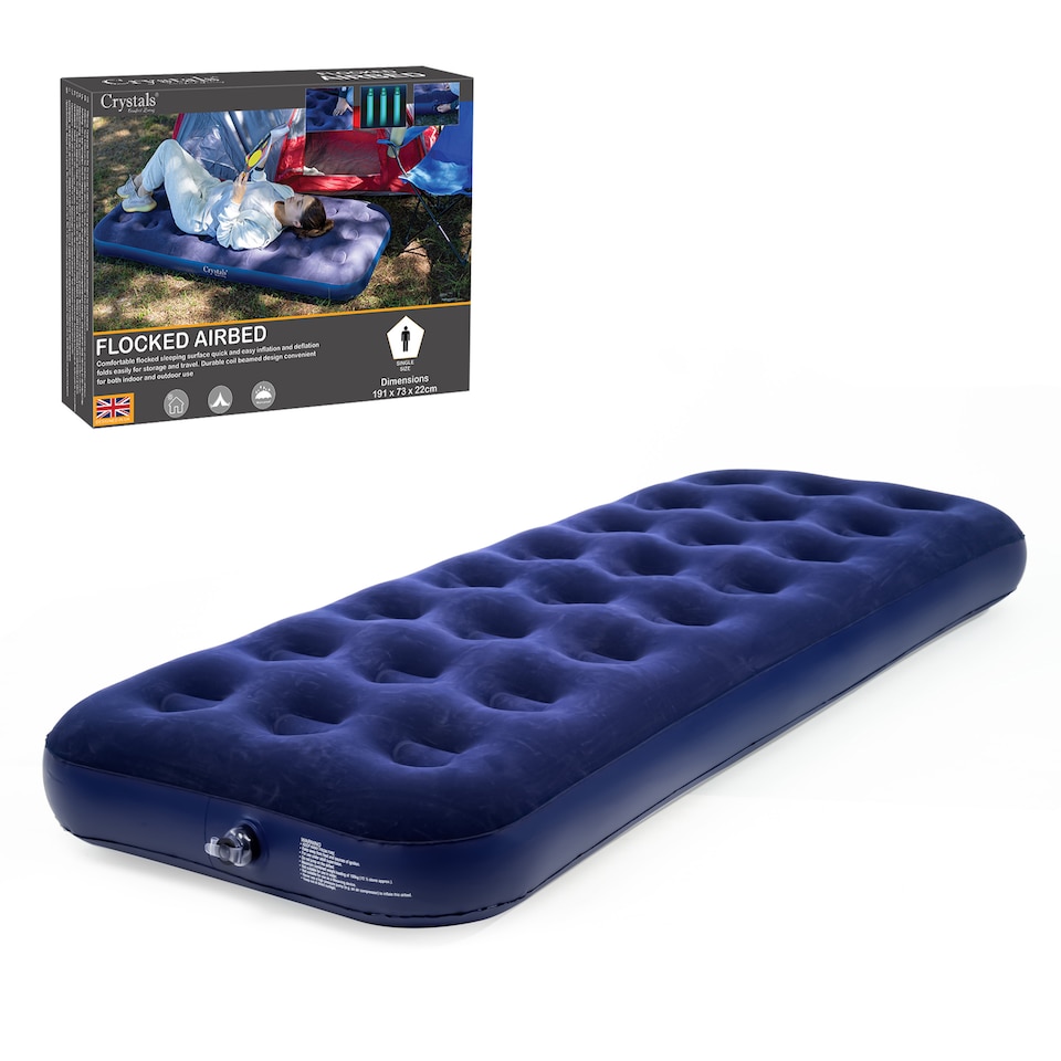 image 1 of Single Flocked Camping Airbed Inflatable Mattress Blow Up Air Bed | Blue | Blue | Single